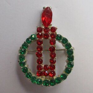 Christmas Candle Green & Red Rhinestone Vintage Pin Brooch Silver tone metal